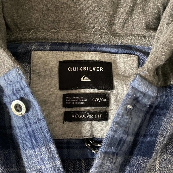 QUIKSILVER REGULAR FIT BUTTON DOWN FLANNEL HOODIE BLUE GRAY MENS SMALL - Picture 7 of 8